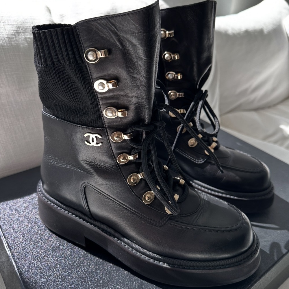 CHANEL Black Leather Combat Boots